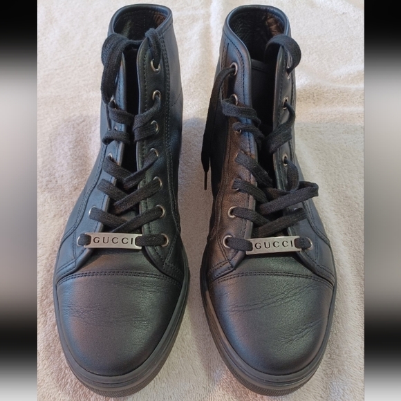 Gucci Shoes - Gucci Black Leather Women's High Top Sneakers Lace Boots Silver Logo EURO 39